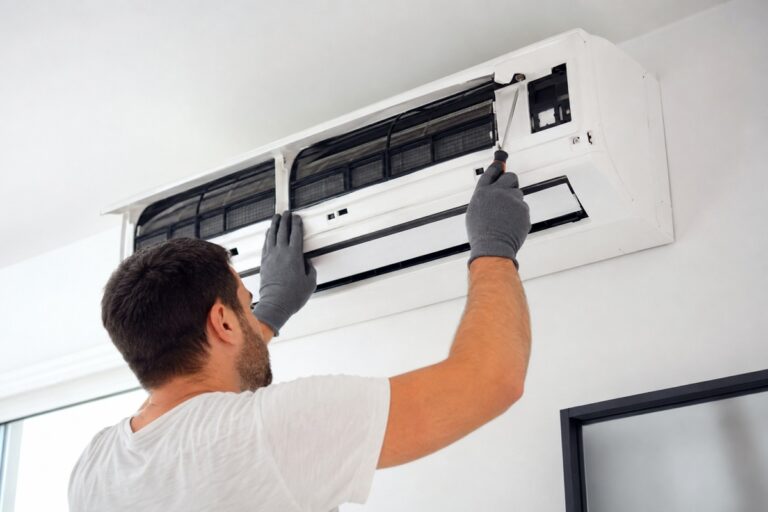 ouvrier qui installe une grosse clim dans un logement