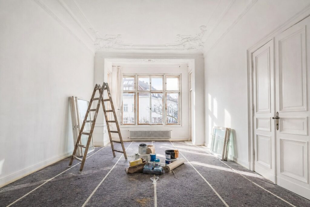 pièce en travaux avec des pots de peinture et un escabeau au centre