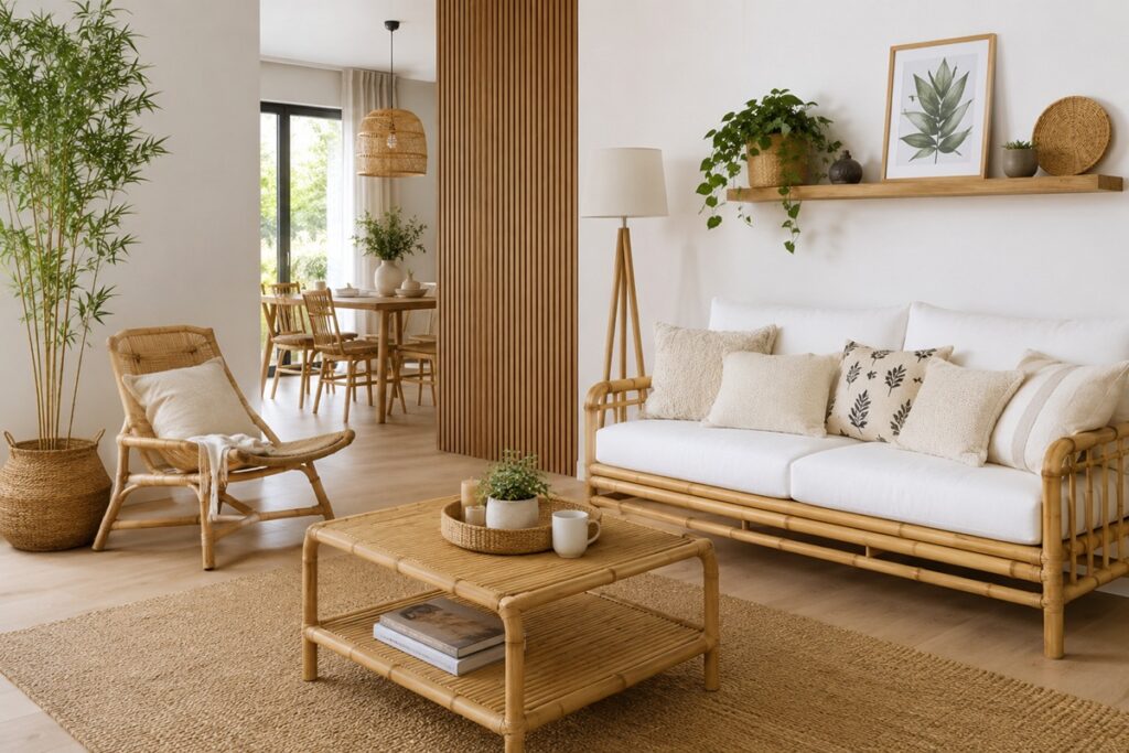 salon avec une décoration axée sur le bambou et la nature