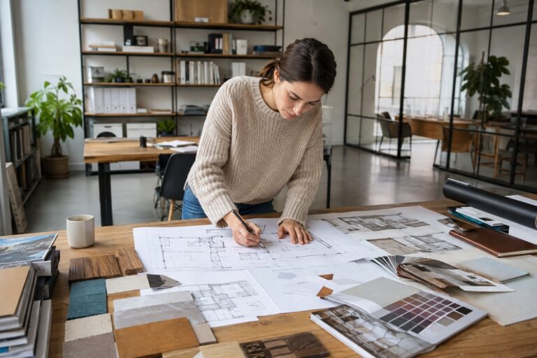 Architecte d’intérieur dessinant des plans dans un atelier lumineux