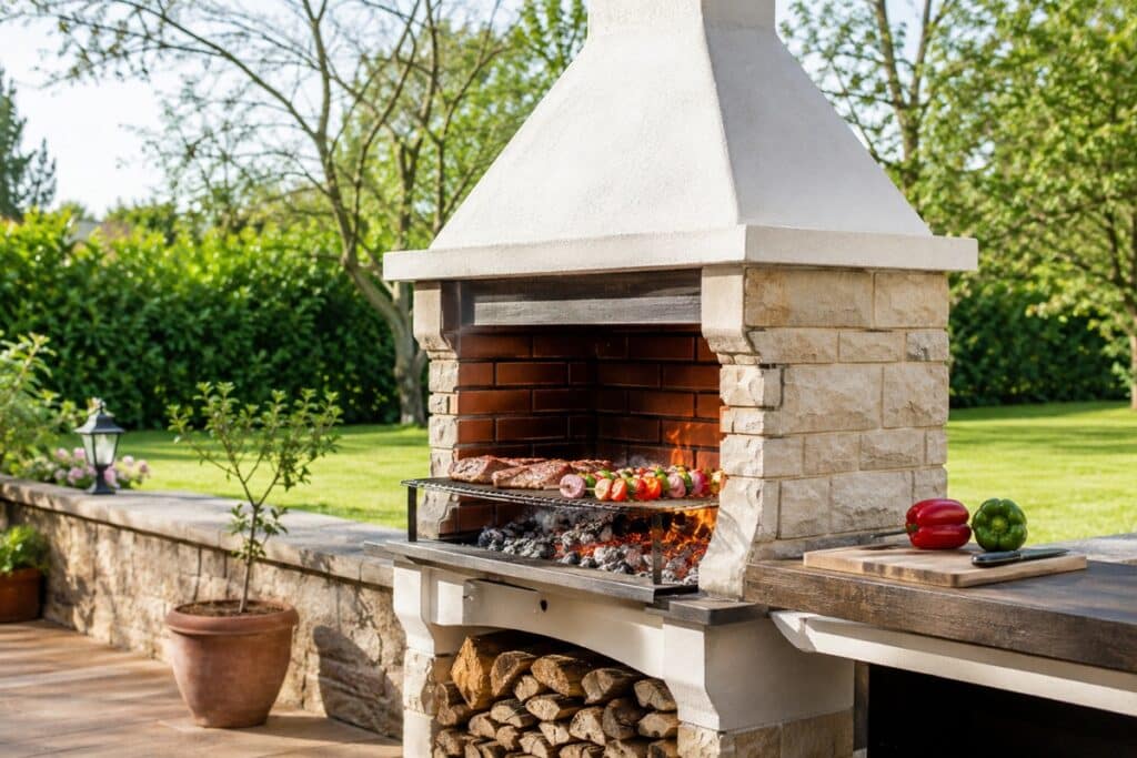 Barbecue à bois en pierre dans un jardin