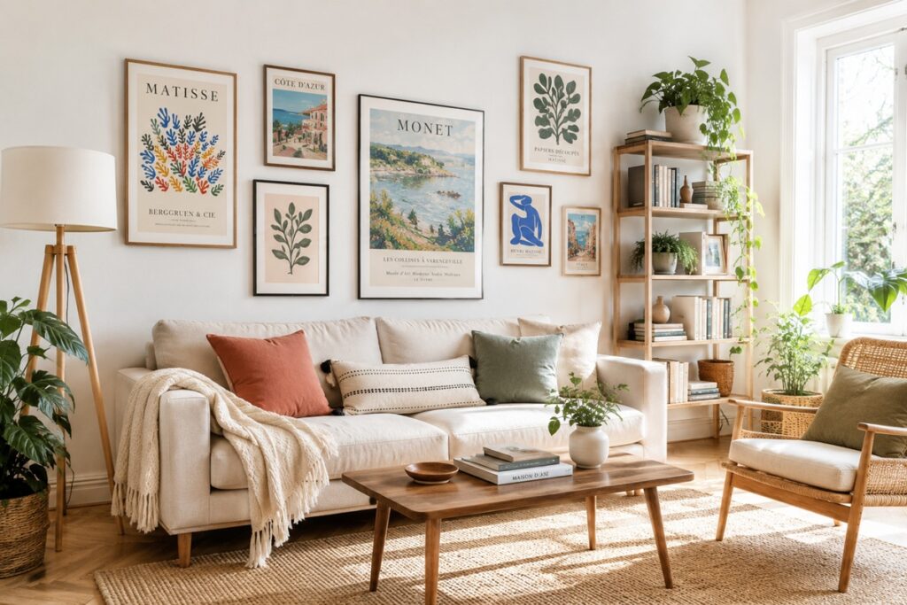 Salon scandinave bohème aux affiches artistiques