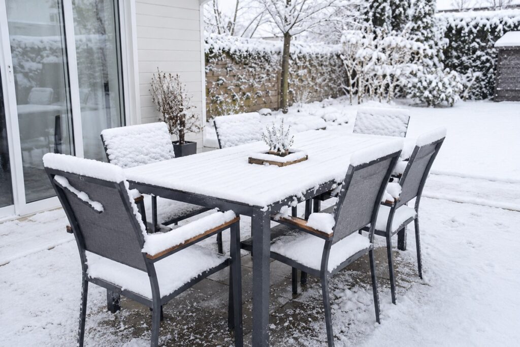 salon de jardin en aluminium sous la neige