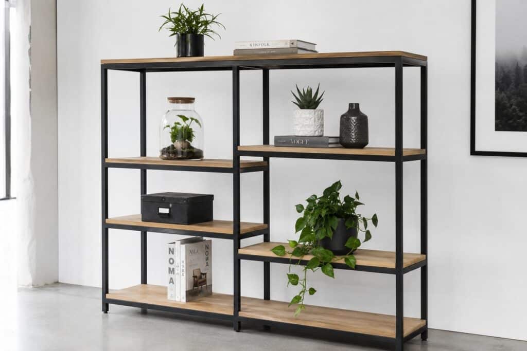 étagère décorative en bois et tubes aluminium