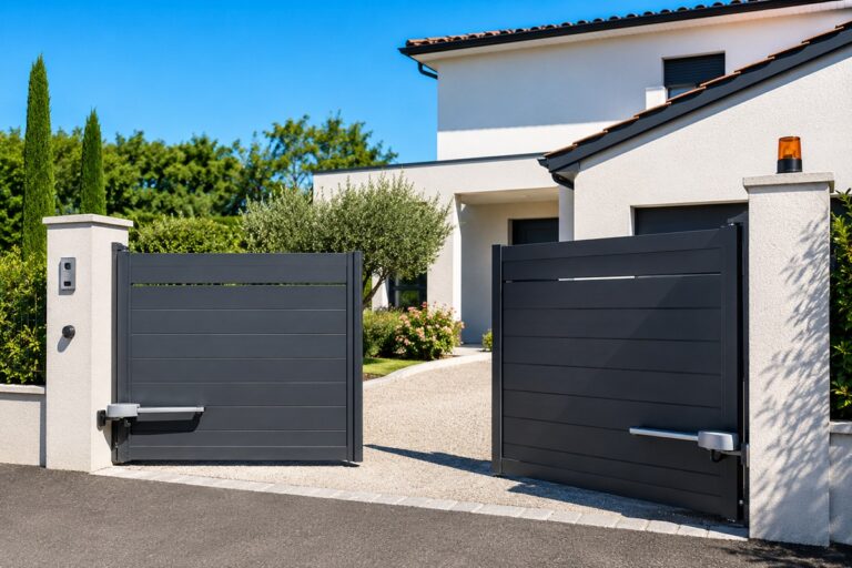 Entrée moderne avec portail automatisé ouvert