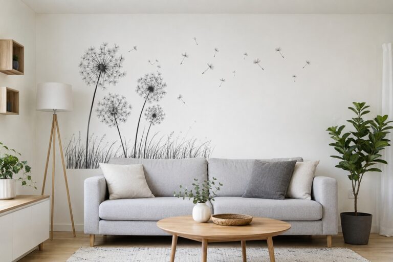 Salon scandinave avec un grand sticker mural de pissenlits
