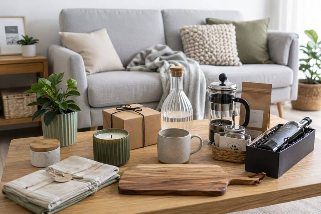cadeaux pour la maison posés sur la table basse d'un salon