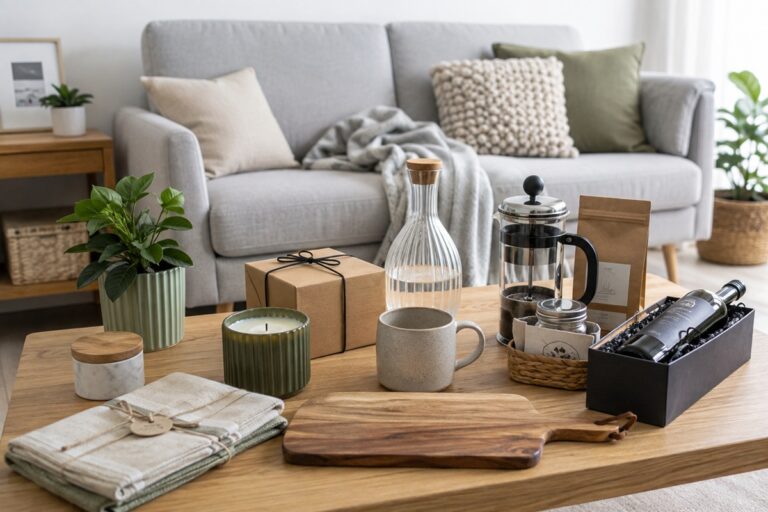 cadeaux pour la maison posés sur la table basse d'un salon