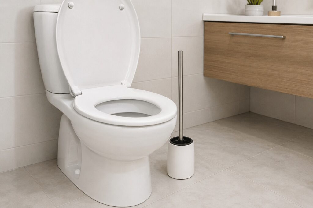 toilettes blanches et propres avec une brosse wc à côté