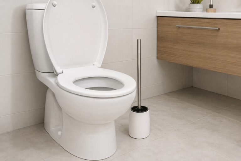 toilettes blanches et propres avec une brosse wc à côté