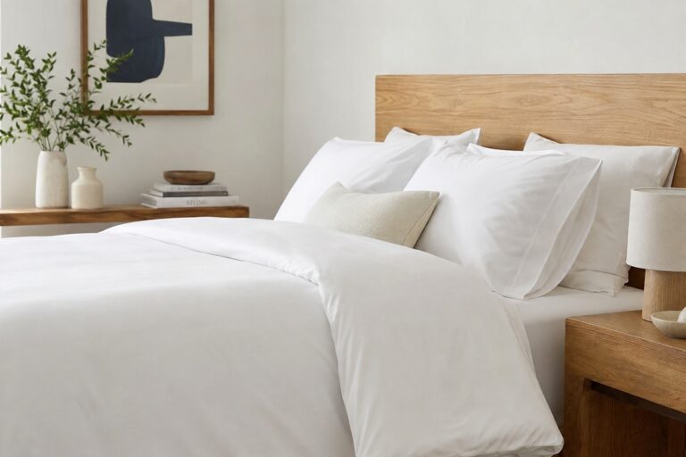 Chambre scandinave lumineuse et apaisante avec une parure de lit en coton