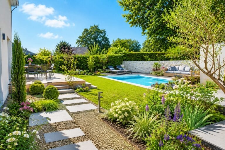 Jardin moderne avec piscine ensoleillée