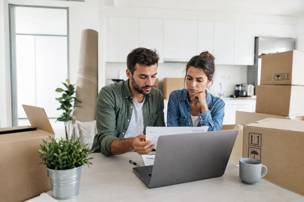 couple entouré de cartons de déméngement qui regarde une facture d'énergie