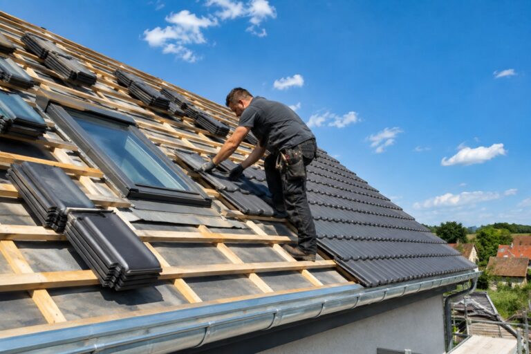 couvreur posant des tuiles pour refaire une toiture