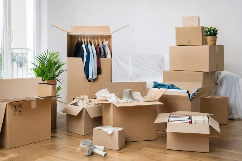 différents types de carton dans un salon prêt à déménager