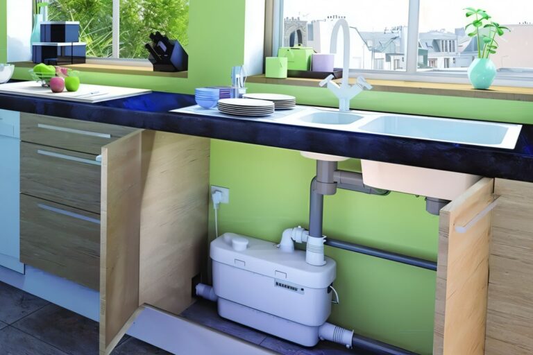 pompe de relevage sanitaire sous l'évier d'une cuisine