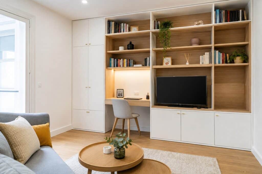 salon scandinave avec une bibliothèque en bois sur-mesure