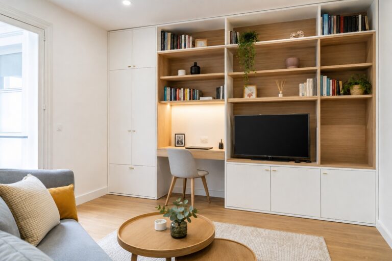 salon scandinave avec une bibliothèque en bois sur-mesure