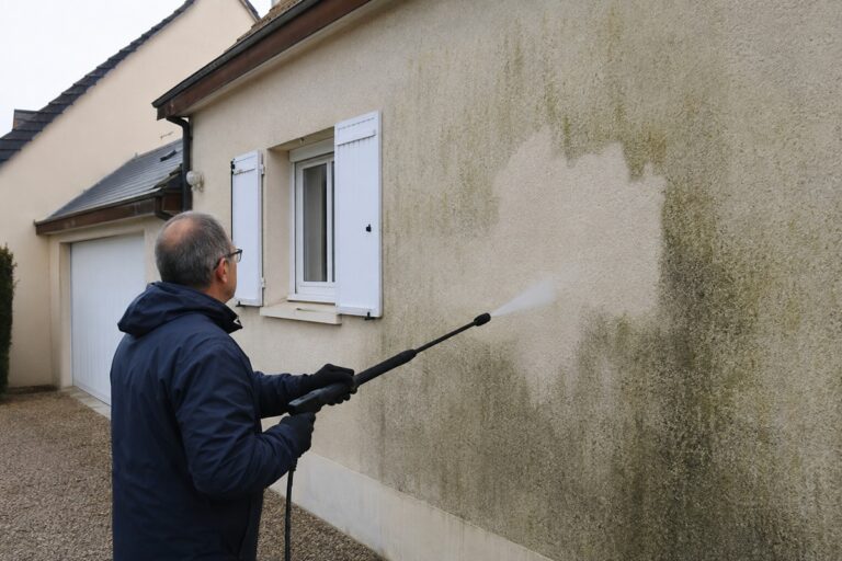 homme qui nettoie la façade de sa maison