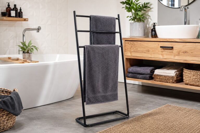salle de bains zen avec porte-serviettes autoportant au centre