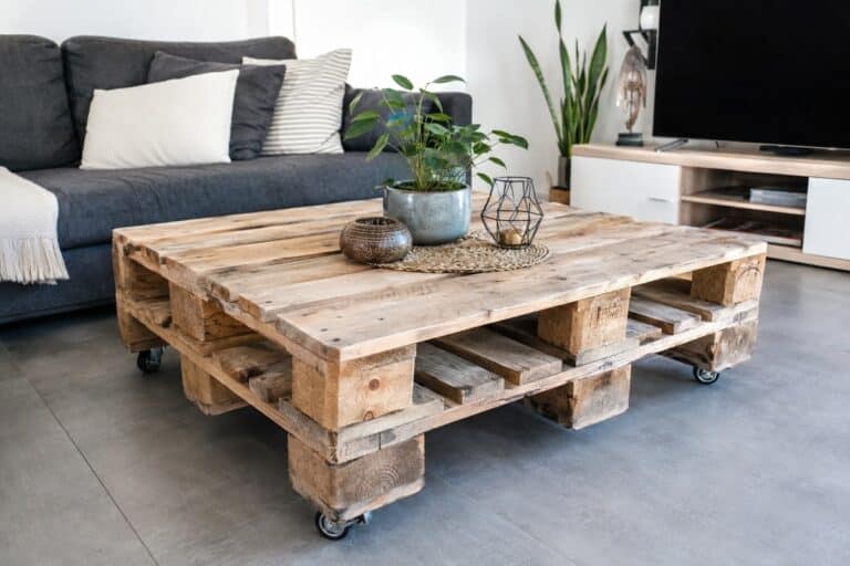 salon avec TV canapé et table basse en palette de bois recyclée