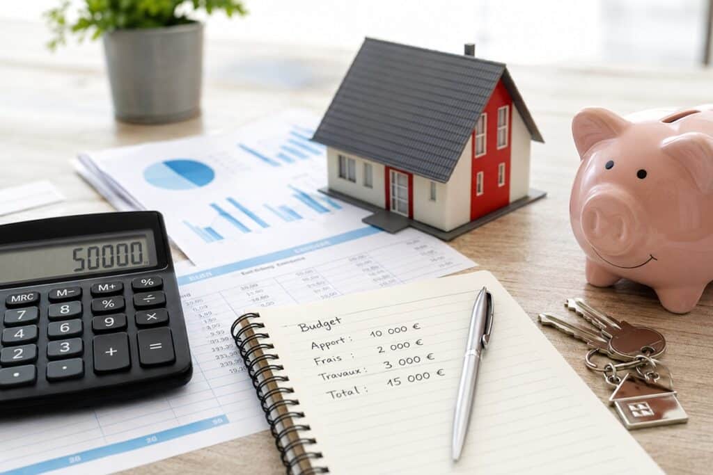 Maison miniature, tirelire, calculatrice et carnet de budget pour préparer un investissement immobilier