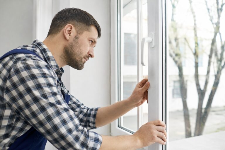 artisan qui installe une fenêtre PVC à double vitrage