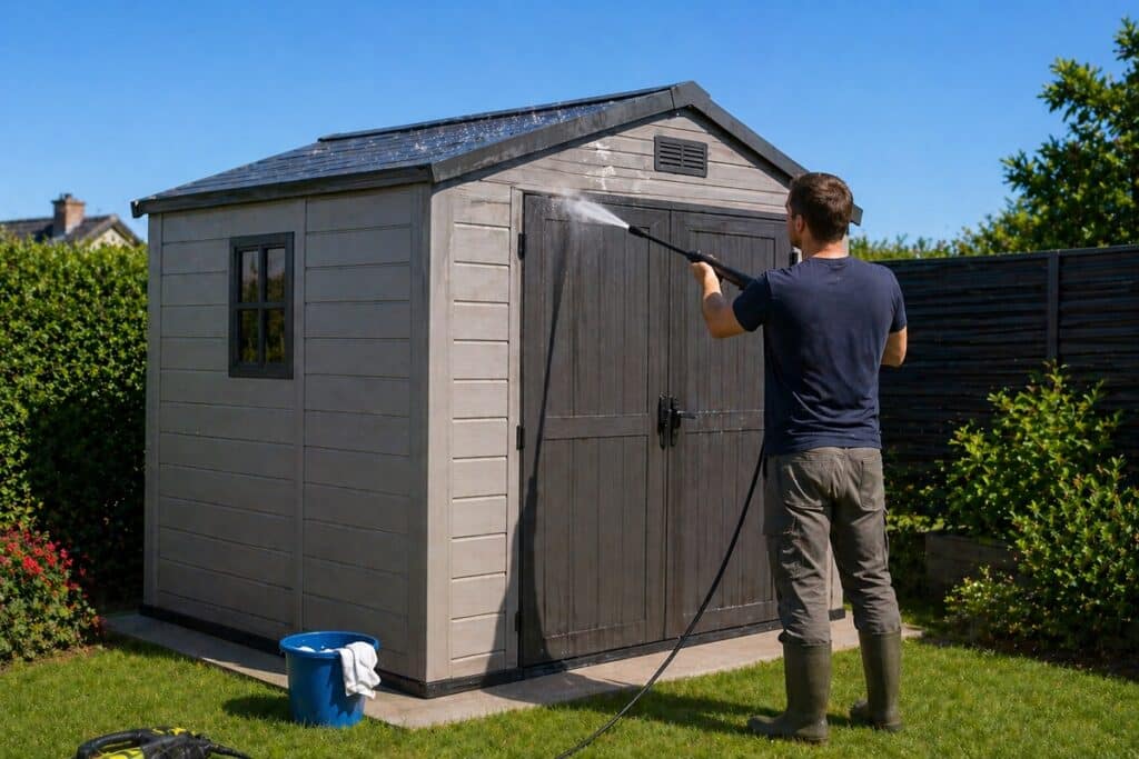 homme nettoyant abri de jardin en PVC