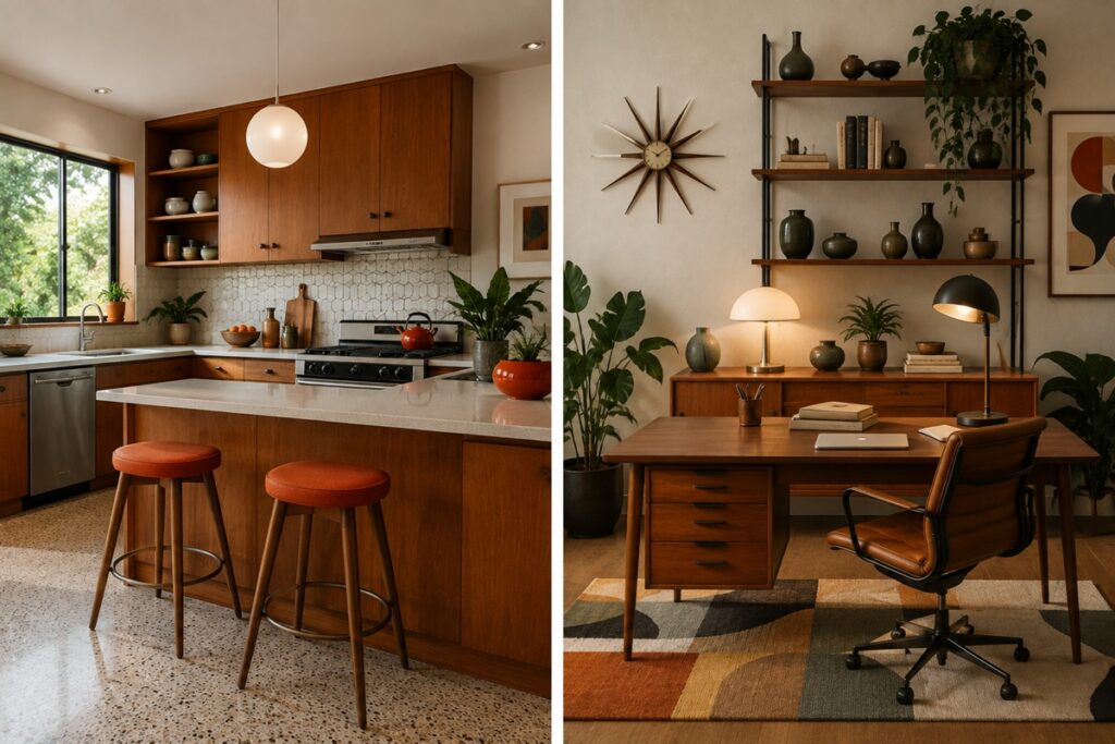 Cuisine et bureau chaleureux, style mid century