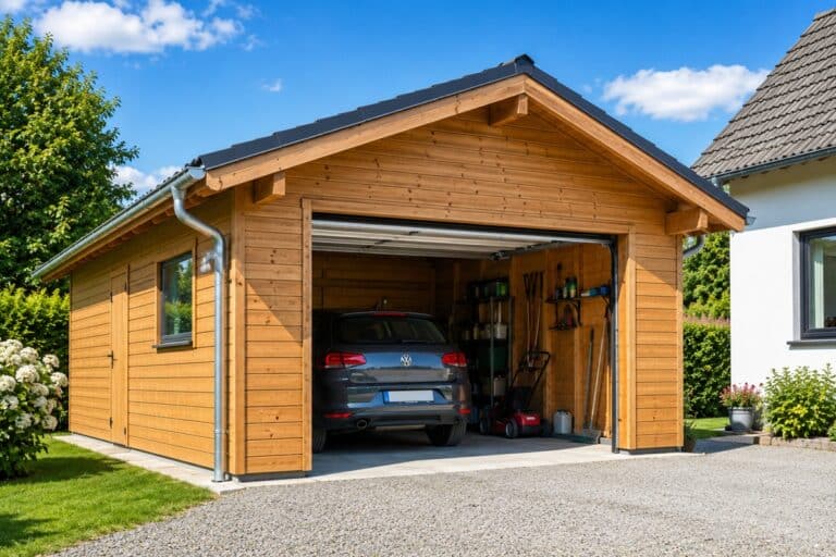Garage en bois avec voiture devant une maison