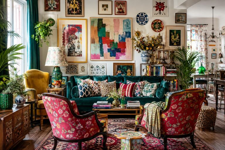 Salon maximaliste méditerranéen aux couleurs vives