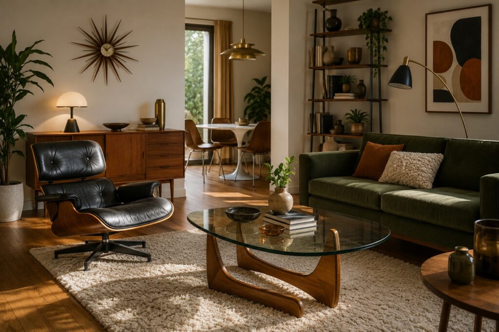 Salon mid-century baigné de soleil