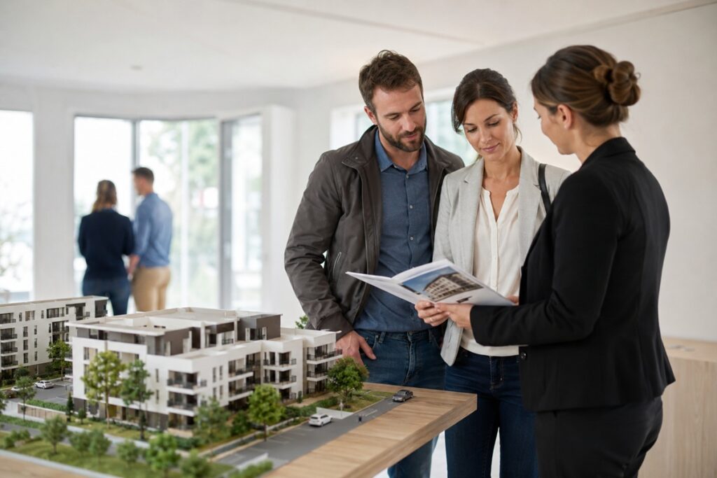 Un couple découvre la maquette d’un programme immobilier neuf avec une conseillère