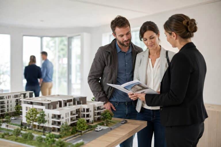Un couple découvre la maquette d’un programme immobilier neuf avec une conseillère