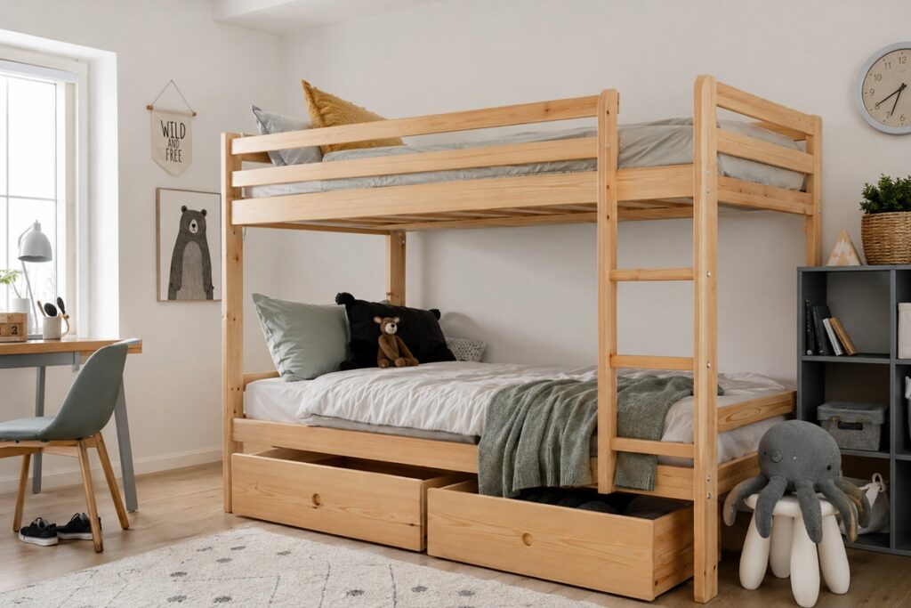 chambre d'enfant avec un lit superposé en bois
