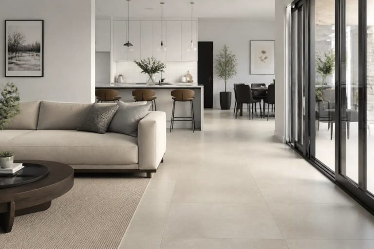grand salon lumineux avec carrelage tapis et canapé donnant sur salle de séjour