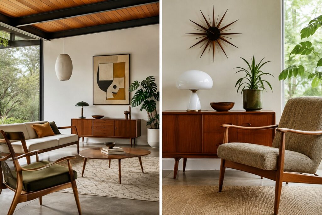 salon Mid-Century lumineux mêlant mobilier en bois aux lignes épurées, fauteuils rétro et larges ouvertures sur la nature
