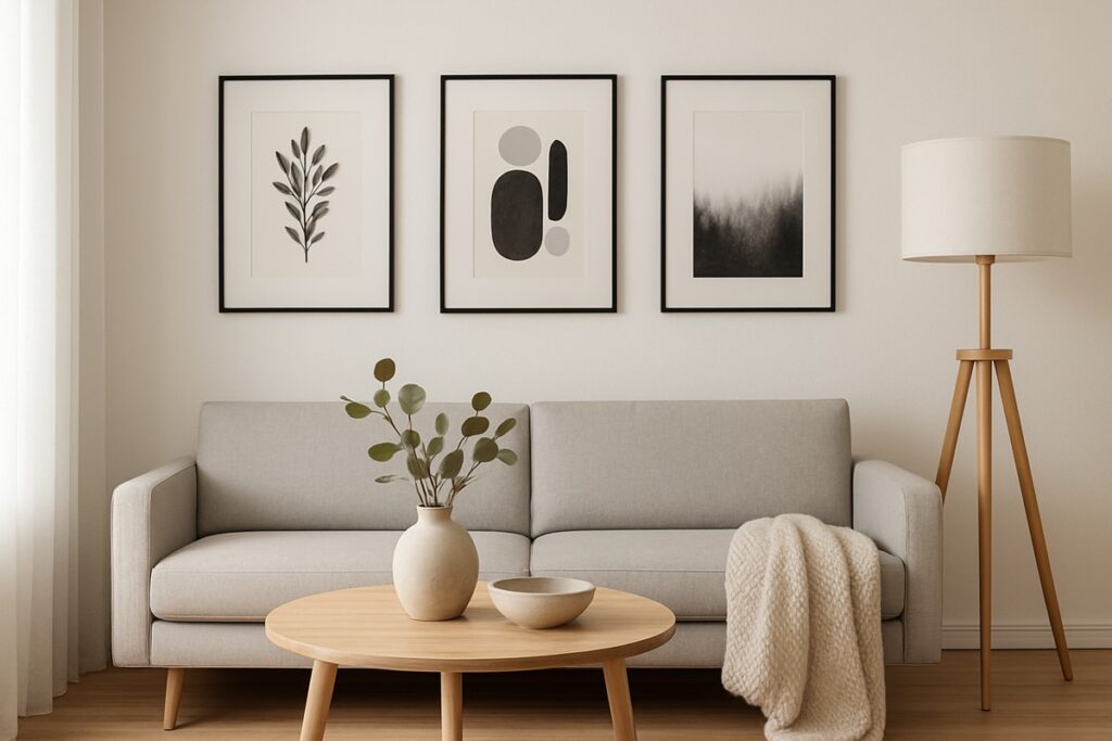 salon scnadinave avec des affiches au mur