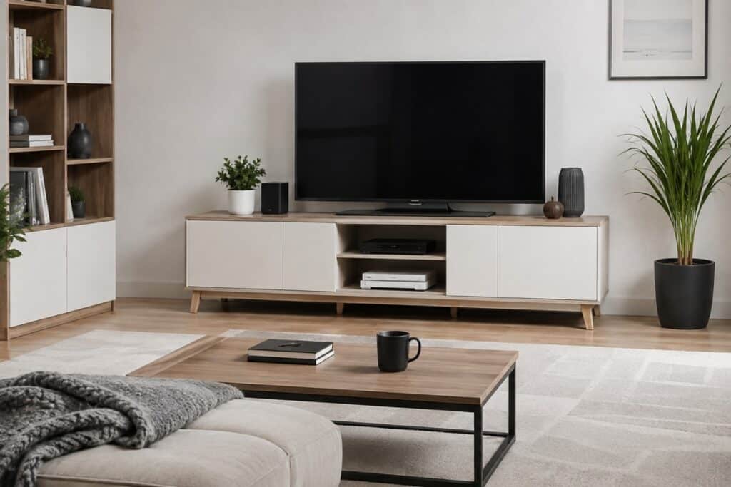 salon élégant aux tons blanc avec meuble TV et table basse