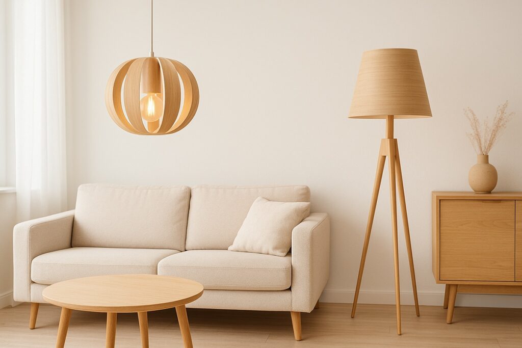 salon scandinave avec un luminaire en bois clair