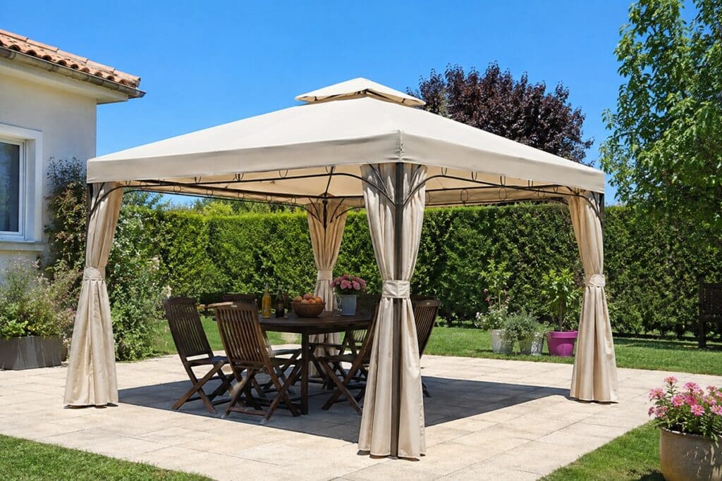 table et chaises de jardin en bois installés sous une tonnelle