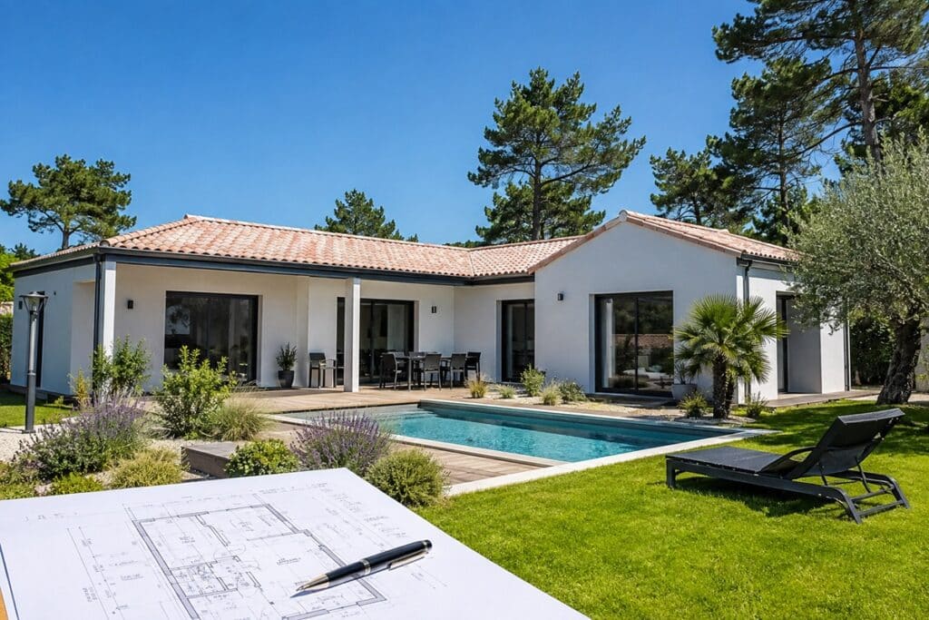 Maison moderne avec piscine et plans d’architecte