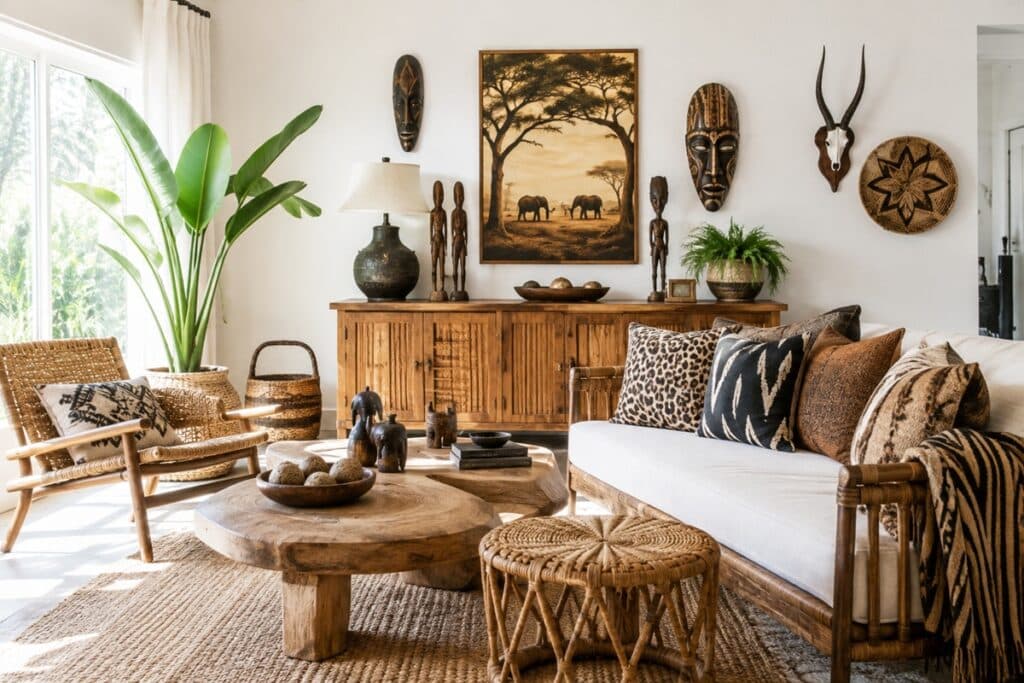 Salon lumineux de style africain avec mobilier en bois, rotin, fibres naturelles et objets artisanaux