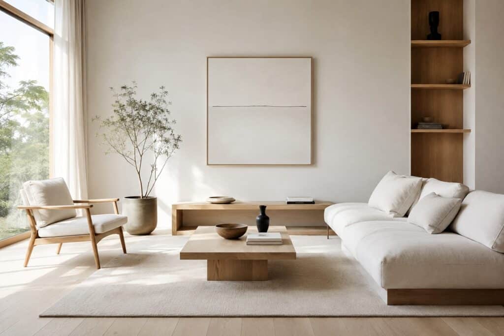 Salon minimaliste baigné de lumière naturelle