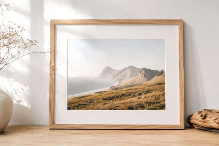 Un tableau de paysage encadré de bois clair dans une décoration naturelle et lumineuse