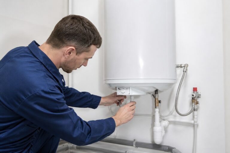 Un technicien effectue l’entretien d’un chauffe-eau électrique