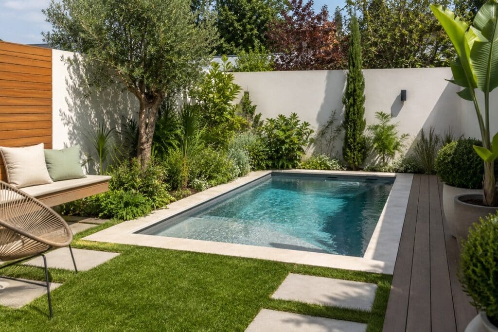 beau petit jardin avec piscine et aménagement paysager