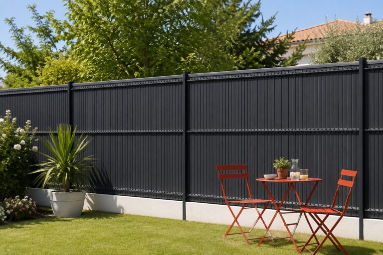 grillage rigide en PVC anthracite aménagé dans un jardin