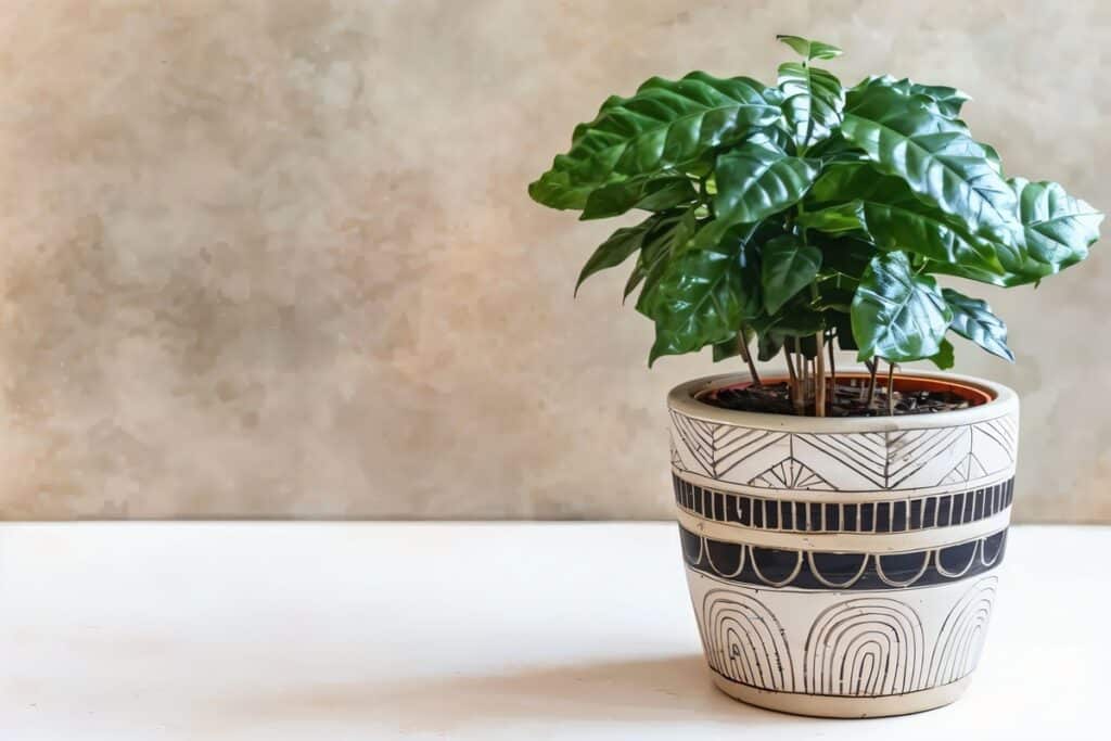 jeune plant de caféier dans un pot de terre au design africain
