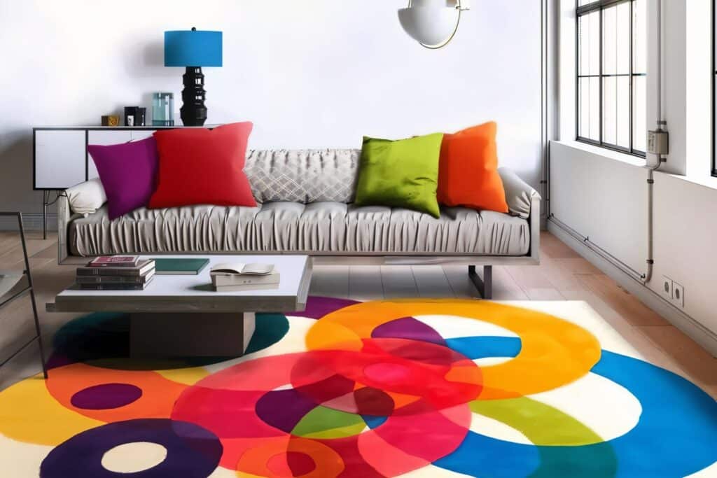 salon avec un tapis abstrait aux couleurs vives
